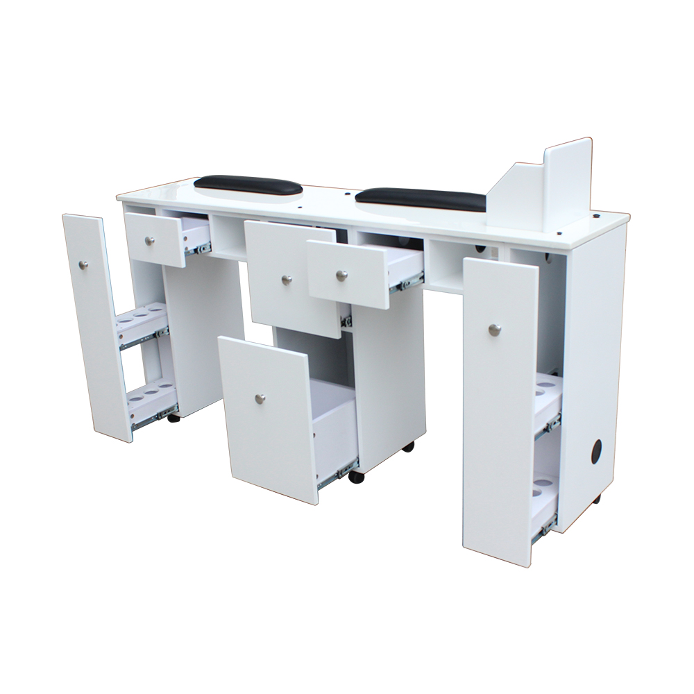 Mesa de manicura doble a prueba de acetón, muebles de estación de uñas de salón de belleza de estilo francés blanco moderno