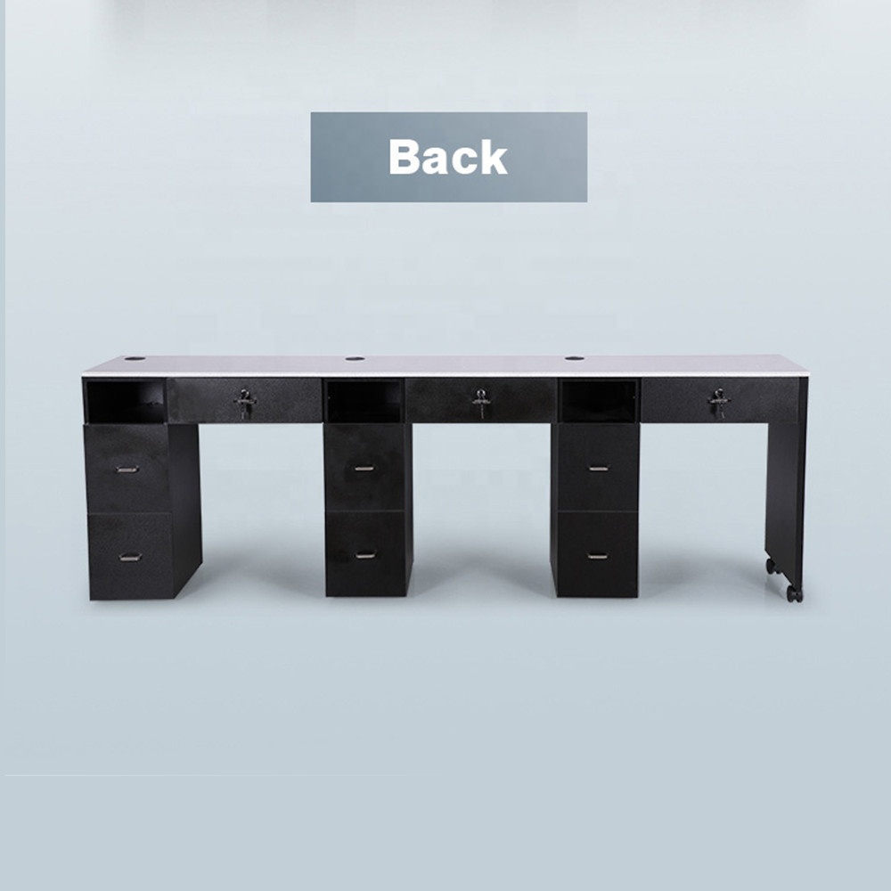 Muebles de salón de belleza de estilo moderno de lujo francés Mesa de manicura de estación de uñas triple negra con tapa de cuarzo con ruedas